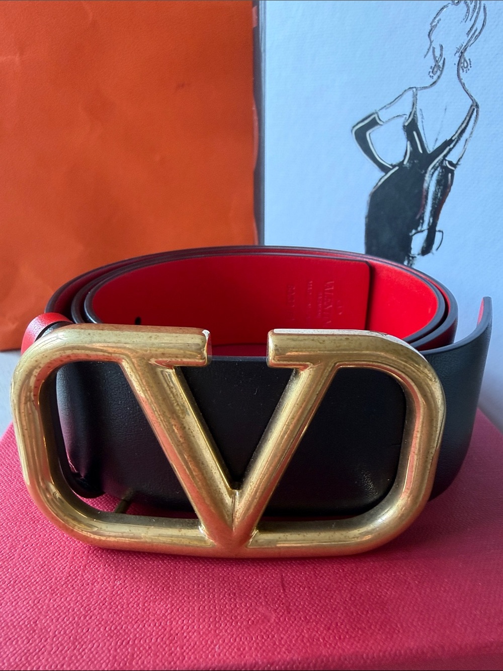 Valentino Garavani VLogo Signature Reversible Belt 80 Black Red New Full Set